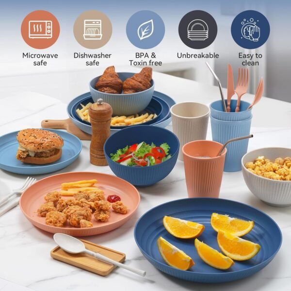Wheat Straw Dinnerware Sets,64-Piece Black Plates and Bowls Sets for 8-Unbreakable - Image 8