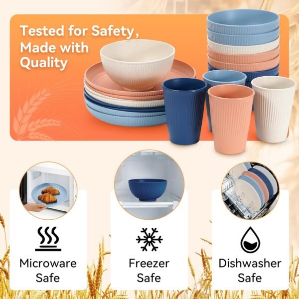 Wheat Straw Dinnerware Sets,64-Piece Black Plates and Bowls Sets for 8-Unbreakable - Image 3