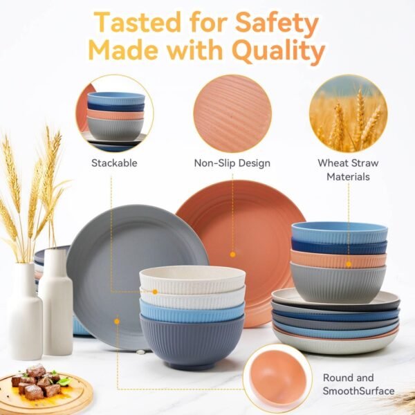 Wheat Straw Dinnerware Sets,64-Piece Black Plates and Bowls Sets for 8-Unbreakable - Image 5